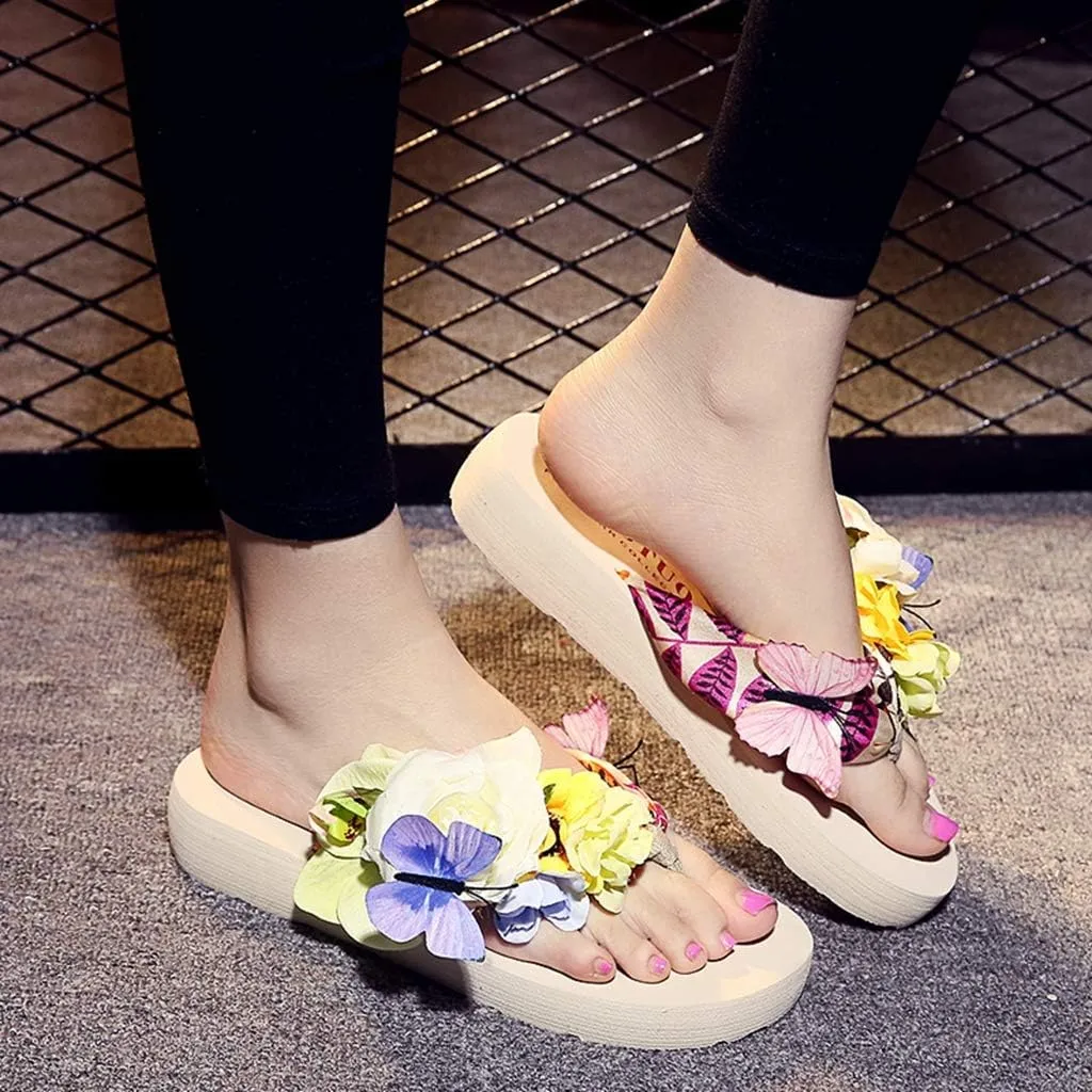 MIOKE Women's Flower Flat Platform Flipflops Bohemia Butterfly Summer Comfort Nonslip Beach Thong Sandals
