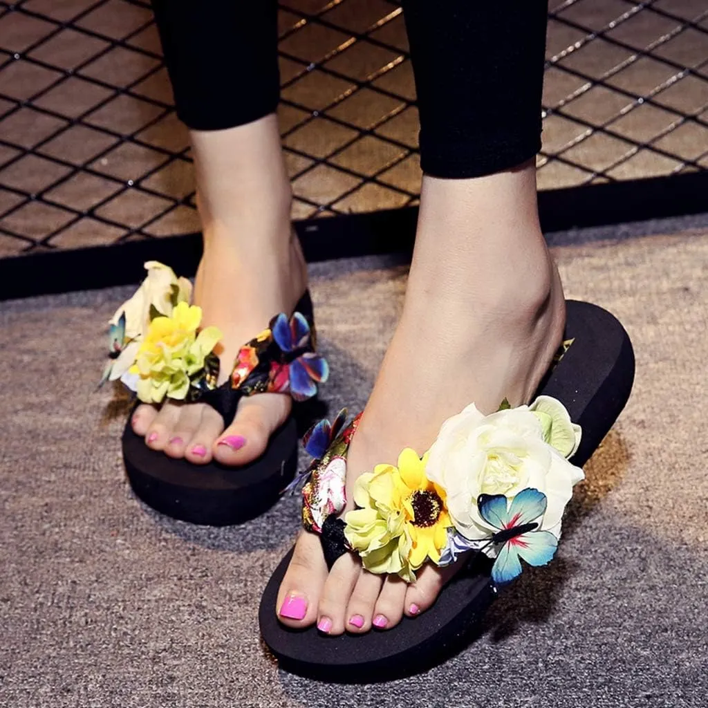 MIOKE Women's Flower Flat Platform Flipflops Bohemia Butterfly Summer Comfort Nonslip Beach Thong Sandals