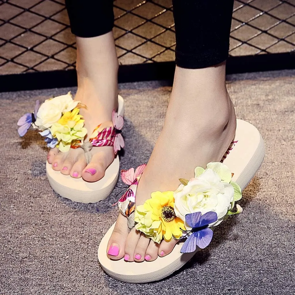 MIOKE Women's Flower Flat Platform Flipflops Bohemia Butterfly Summer Comfort Nonslip Beach Thong Sandals