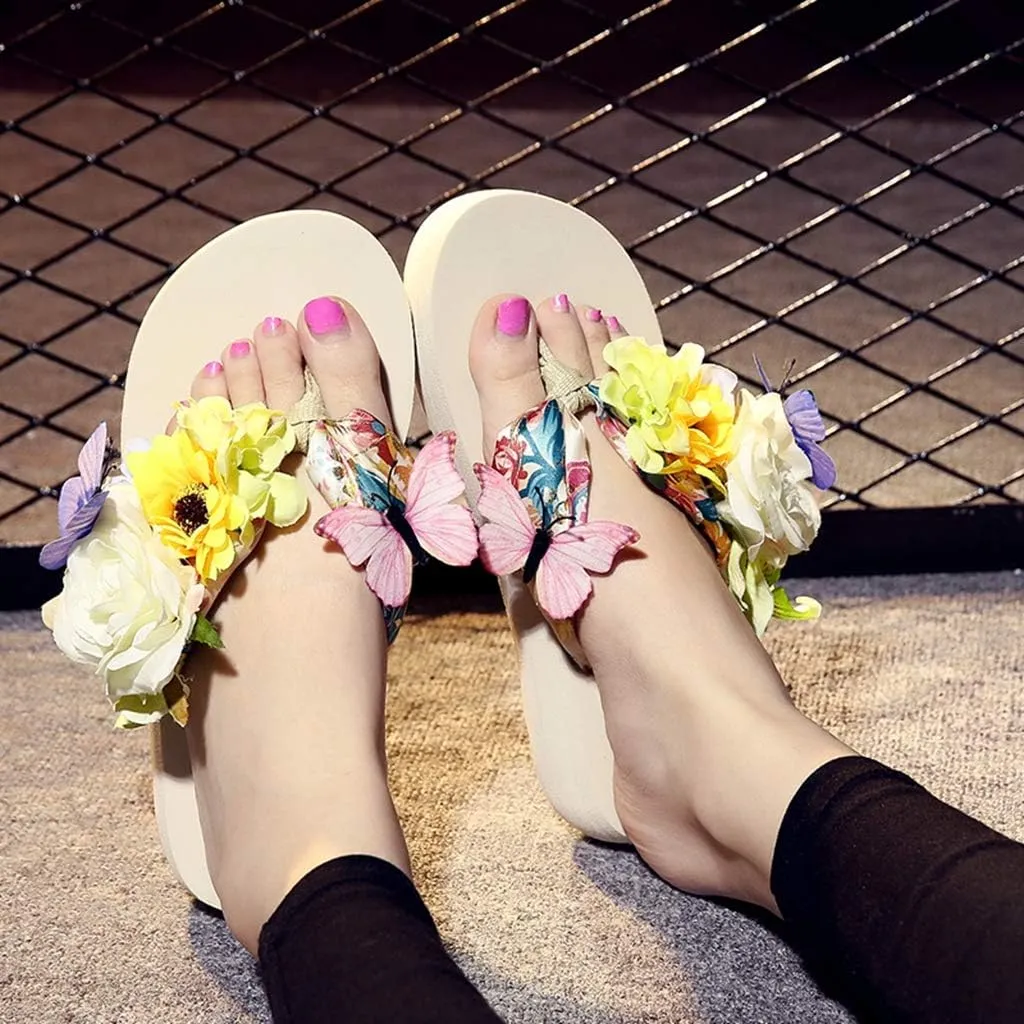 MIOKE Women's Flower Flat Platform Flipflops Bohemia Butterfly Summer Comfort Nonslip Beach Thong Sandals