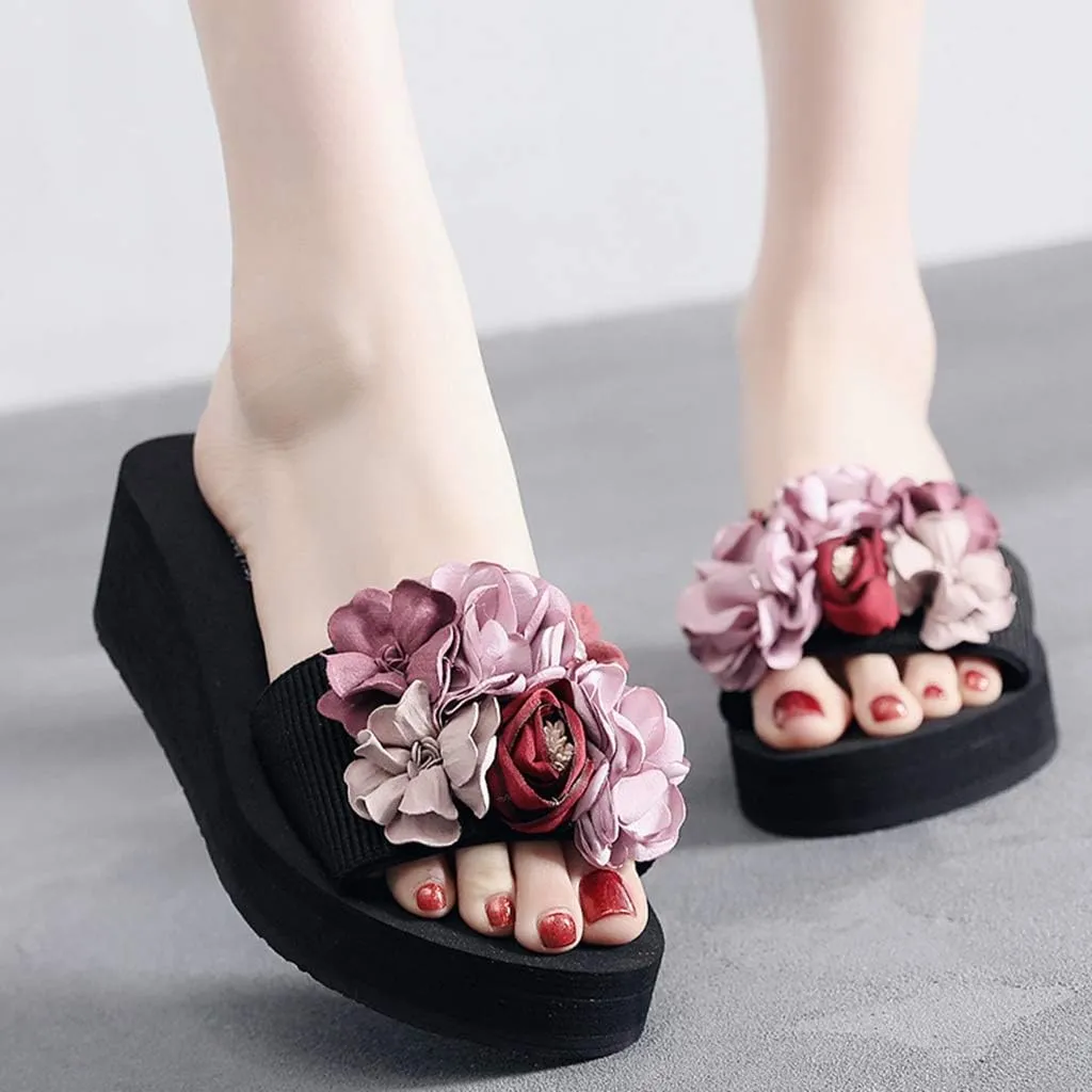 MIOKE Women's Flowers Wedge Slide Sandals Bohemia Fashion Platform Anti-Slip Comfort Summer Beach Sandals