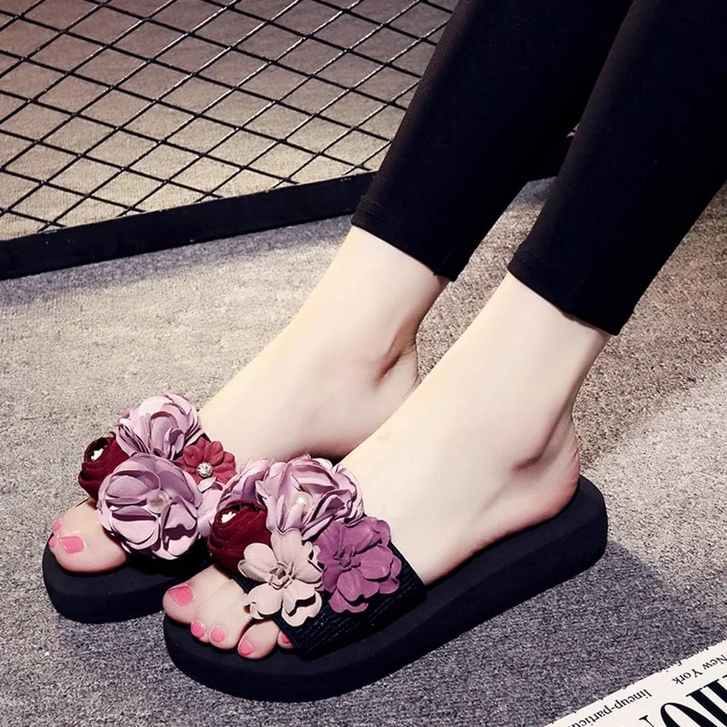 MIOKE Women's Flowers Wedge Slide Sandals Bohemia Fashion Platform Anti-Slip Comfort Summer Beach Sandals