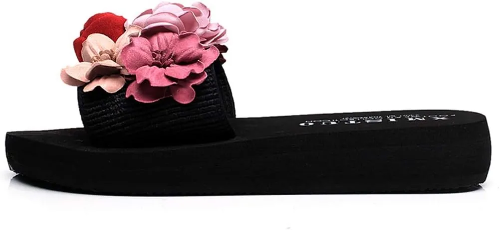 MIOKE Women's Flowers Wedge Slide Sandals Bohemia Fashion Platform Anti-Slip Comfort Summer Beach Sandals