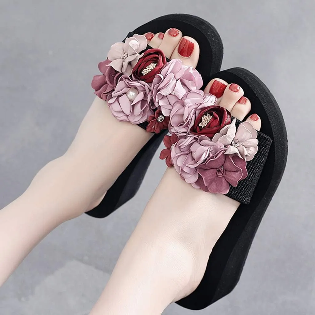 MIOKE Women's Flowers Wedge Slide Sandals Bohemia Fashion Platform Anti-Slip Comfort Summer Beach Sandals