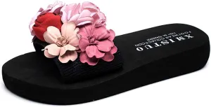 MIOKE Women's Flowers Wedge Slide Sandals Bohemia Fashion Platform Anti-Slip Comfort Summer Beach Sandals