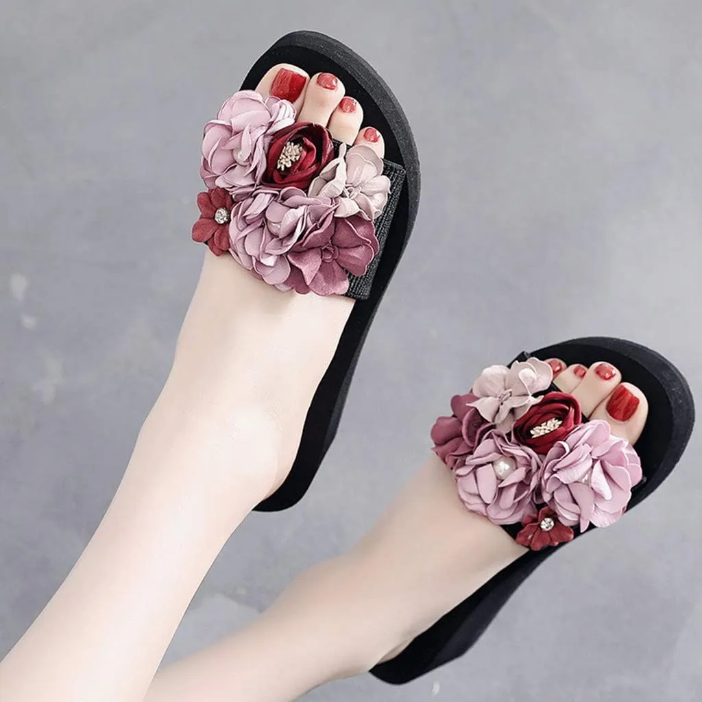 MIOKE Women's Flowers Wedge Slide Sandals Bohemia Fashion Platform Anti-Slip Comfort Summer Beach Sandals