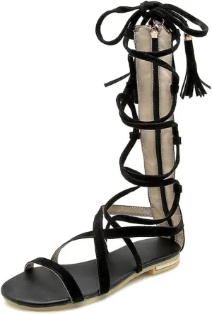 MIOKE Women's Gladiator Knee High Flat Sandals Lace Up Strappy Open Toe Summer Comfort Tassel Roman Boots