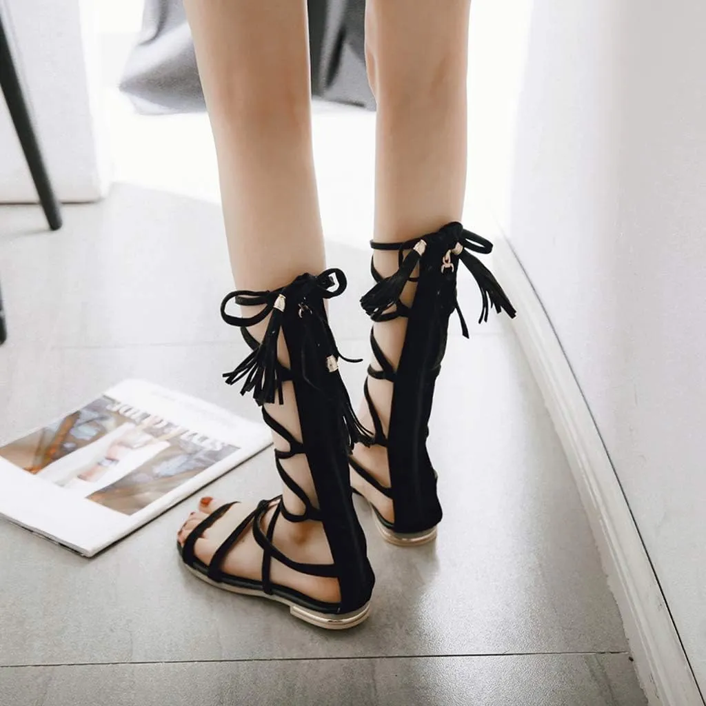 MIOKE Women's Gladiator Knee High Flat Sandals Lace Up Strappy Open Toe Summer Comfort Tassel Roman Boots