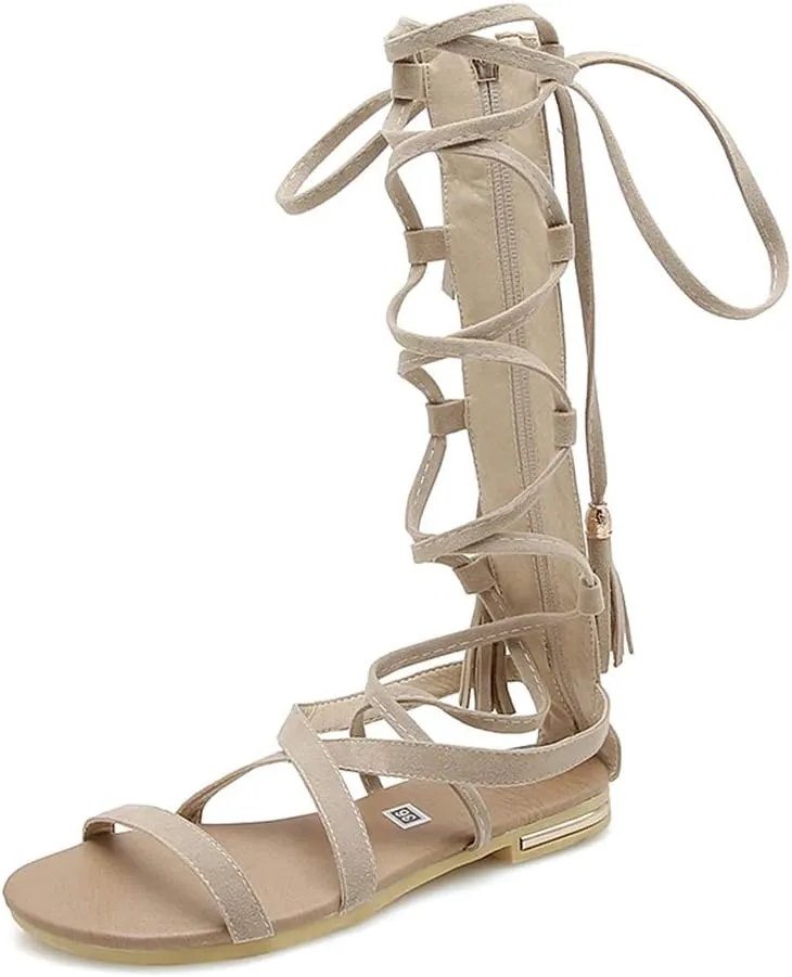 MIOKE Women's Gladiator Knee High Flat Sandals Lace Up Strappy Open Toe Summer Comfort Tassel Roman Boots