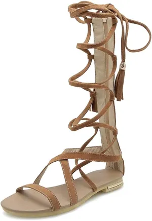 MIOKE Women's Gladiator Knee High Flat Sandals Lace Up Strappy Open Toe Summer Comfort Tassel Roman Boots