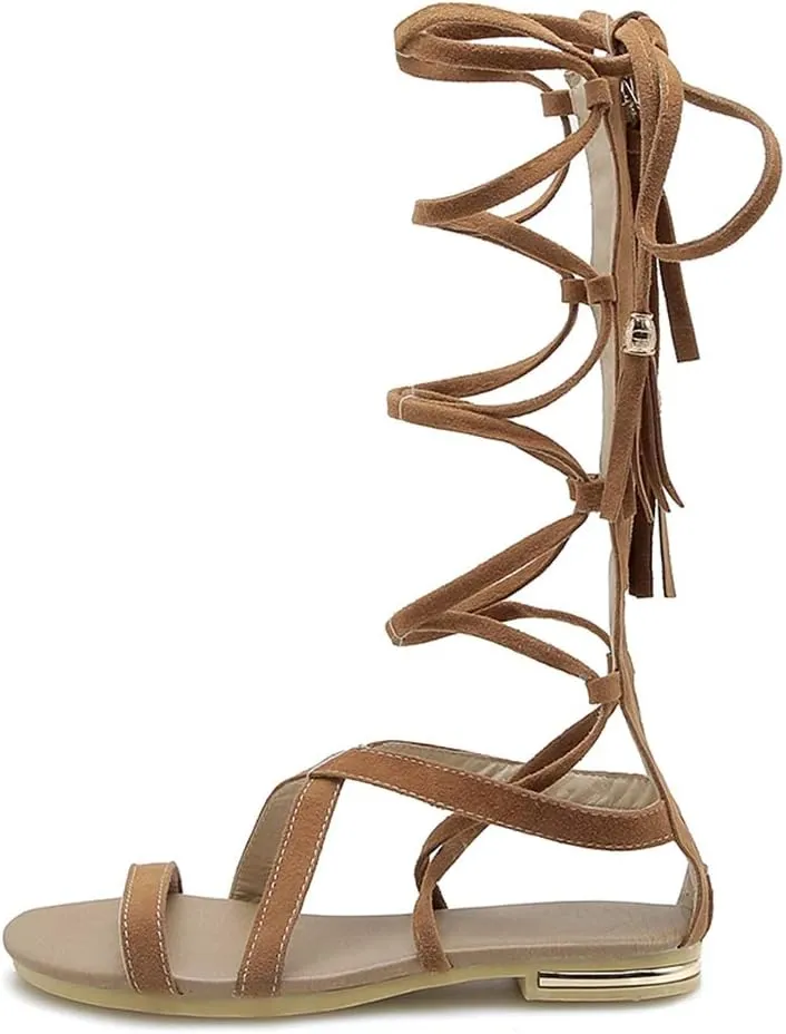 MIOKE Women's Gladiator Knee High Flat Sandals Lace Up Strappy Open Toe Summer Comfort Tassel Roman Boots
