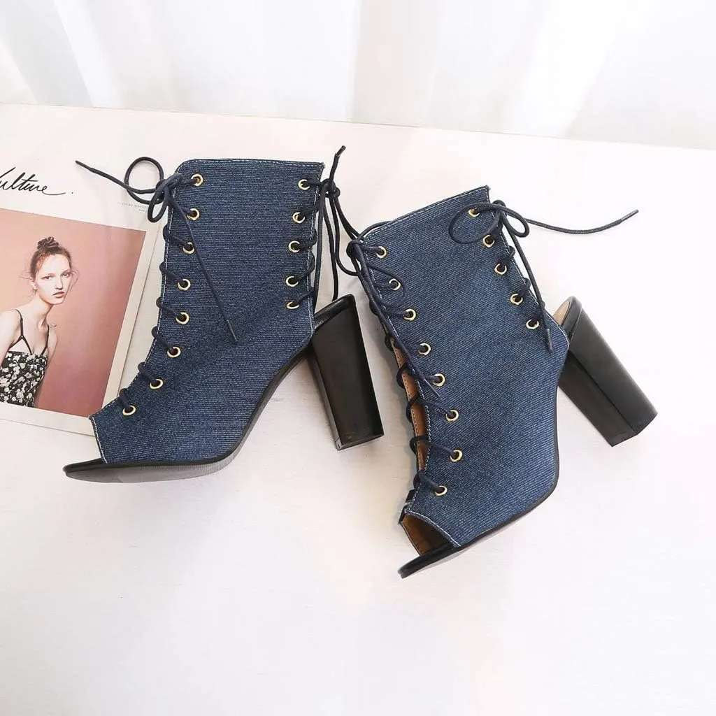 MIOKE Women's Peep Toe Block High Heel Sandals Denim Booties Cutout Lace Up Chunky Heeled Dress Sandal