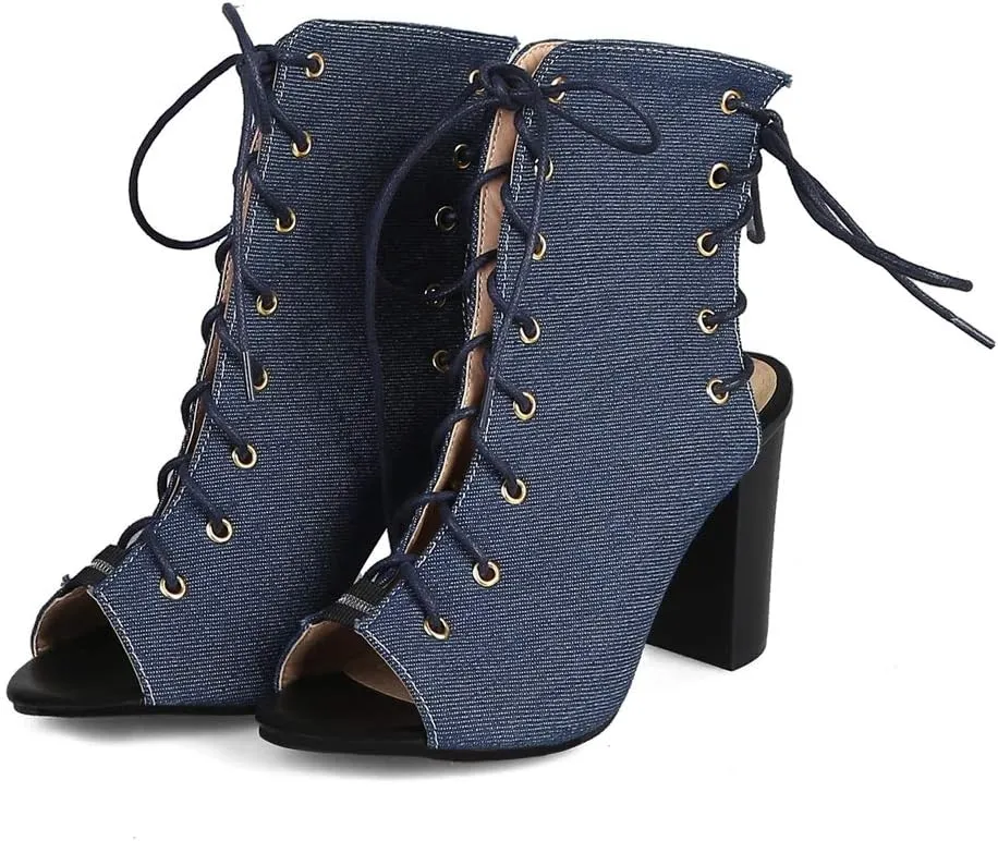 MIOKE Women's Peep Toe Block High Heel Sandals Denim Booties Cutout Lace Up Chunky Heeled Dress Sandal