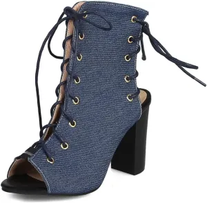 MIOKE Women's Peep Toe Block High Heel Sandals Denim Booties Cutout Lace Up Chunky Heeled Dress Sandal
