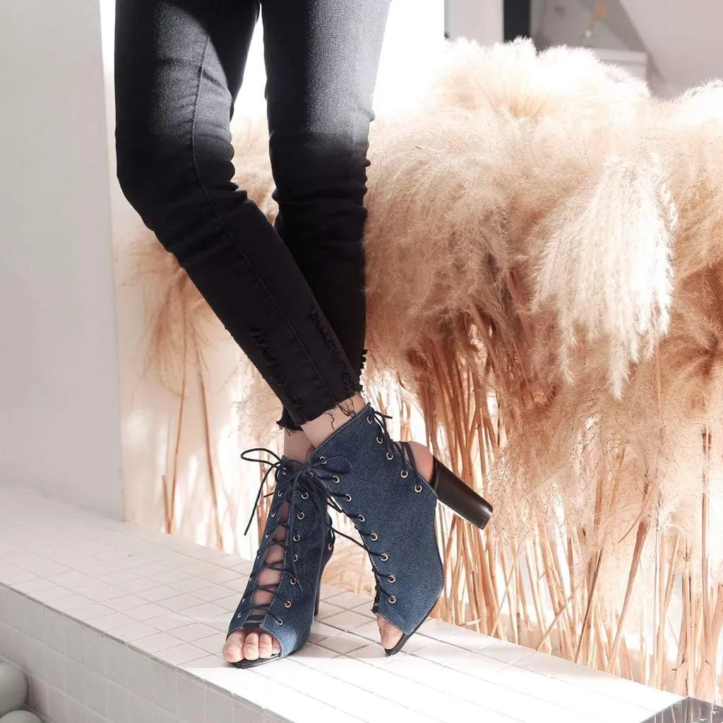 MIOKE Women's Peep Toe Block High Heel Sandals Denim Booties Cutout Lace Up Chunky Heeled Dress Sandal