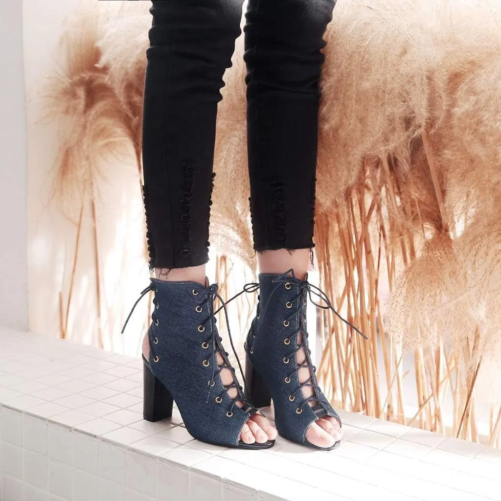 MIOKE Women's Peep Toe Block High Heel Sandals Denim Booties Cutout Lace Up Chunky Heeled Dress Sandal