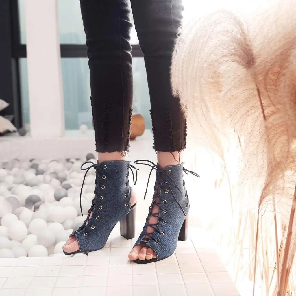 MIOKE Women's Peep Toe Block High Heel Sandals Denim Booties Cutout Lace Up Chunky Heeled Dress Sandal