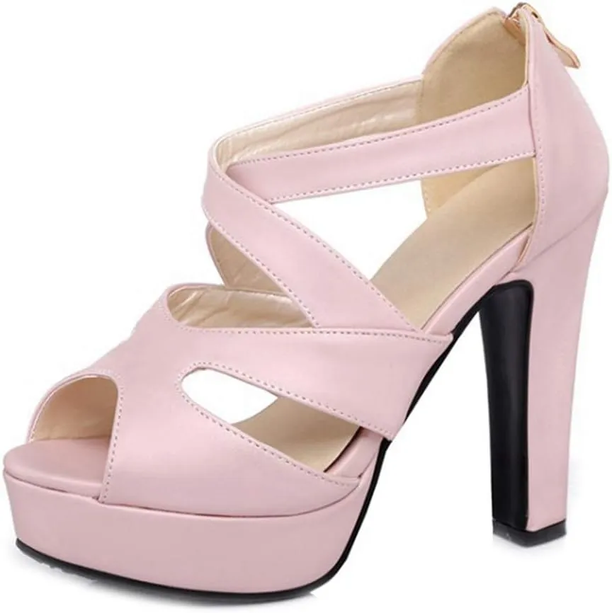 MIOKE Women's Platform High Heel Sandals Sexy Peep Toe Crisscross Strappy Zip Chunky Block Heeled Sandal