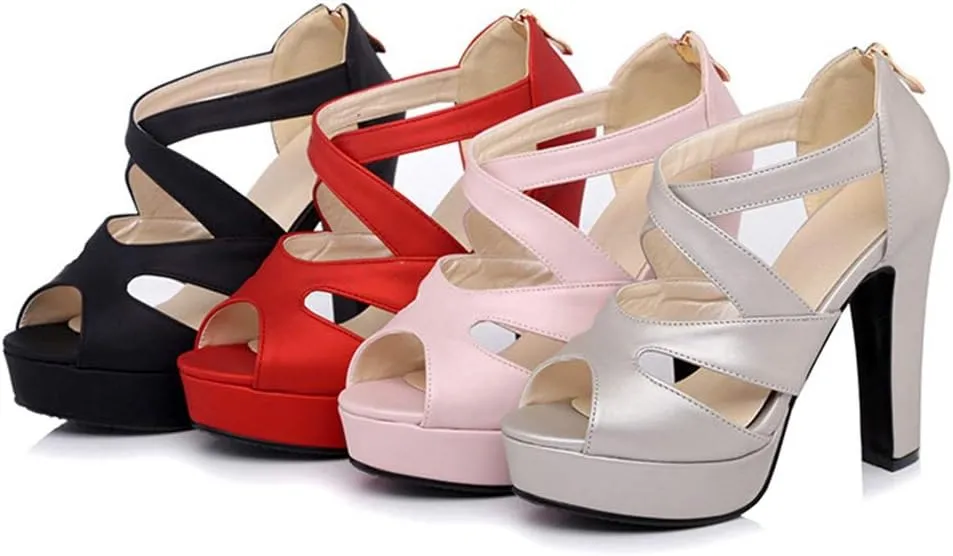 MIOKE Women's Platform High Heel Sandals Sexy Peep Toe Crisscross Strappy Zip Chunky Block Heeled Sandal