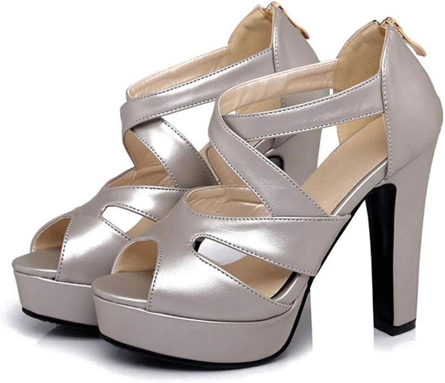 MIOKE Women's Platform High Heel Sandals Sexy Peep Toe Crisscross Strappy Zip Chunky Block Heeled Sandal