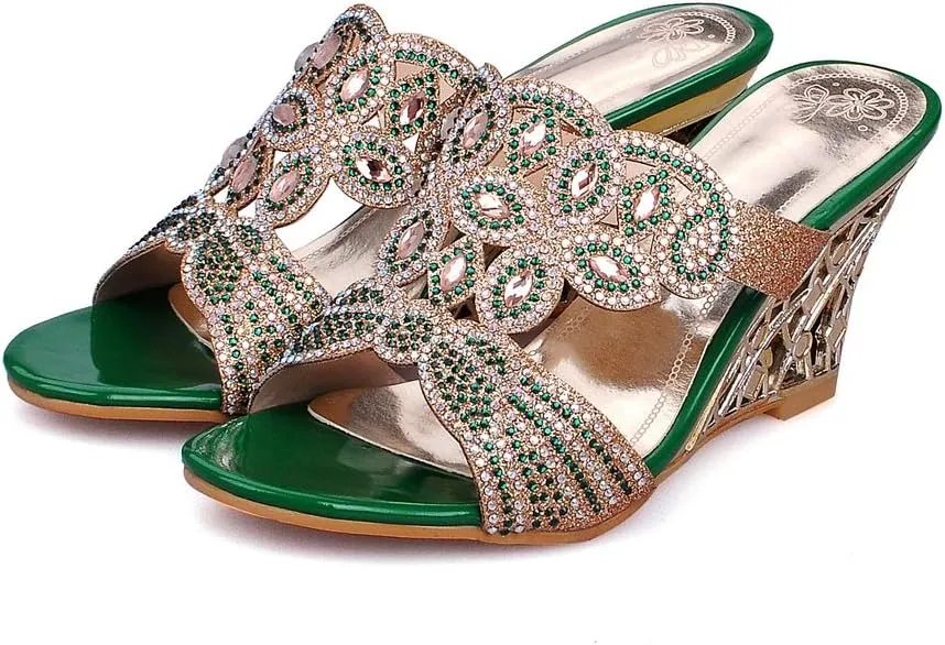 MIOKE Womens Sparkly Rhinestone Wedge Sandals Open Toe Slip On Comfy High Heel Wedding Party Dress Sandal