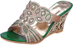MIOKE Womens Sparkly Rhinestone Wedge Sandals Open Toe Slip On Comfy High Heel Wedding Party Dress Sandal