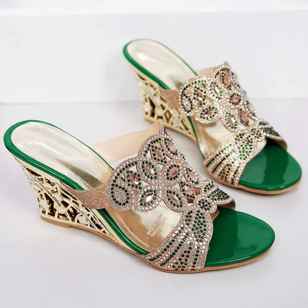 MIOKE Womens Sparkly Rhinestone Wedge Sandals Open Toe Slip On Comfy High Heel Wedding Party Dress Sandal