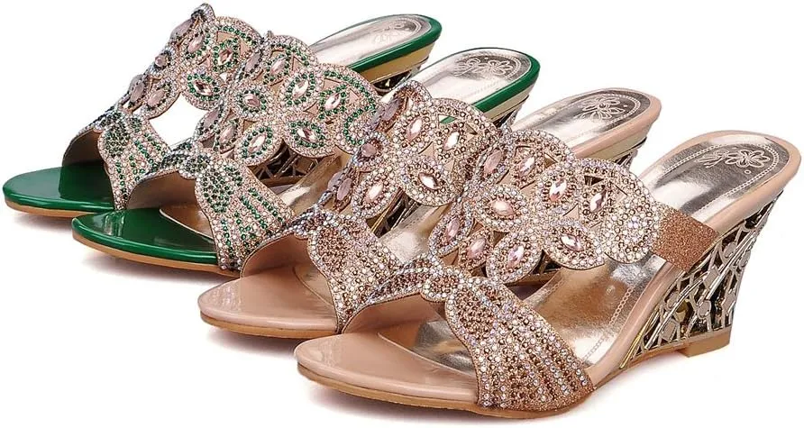 MIOKE Womens Sparkly Rhinestone Wedge Sandals Open Toe Slip On Comfy High Heel Wedding Party Dress Sandal