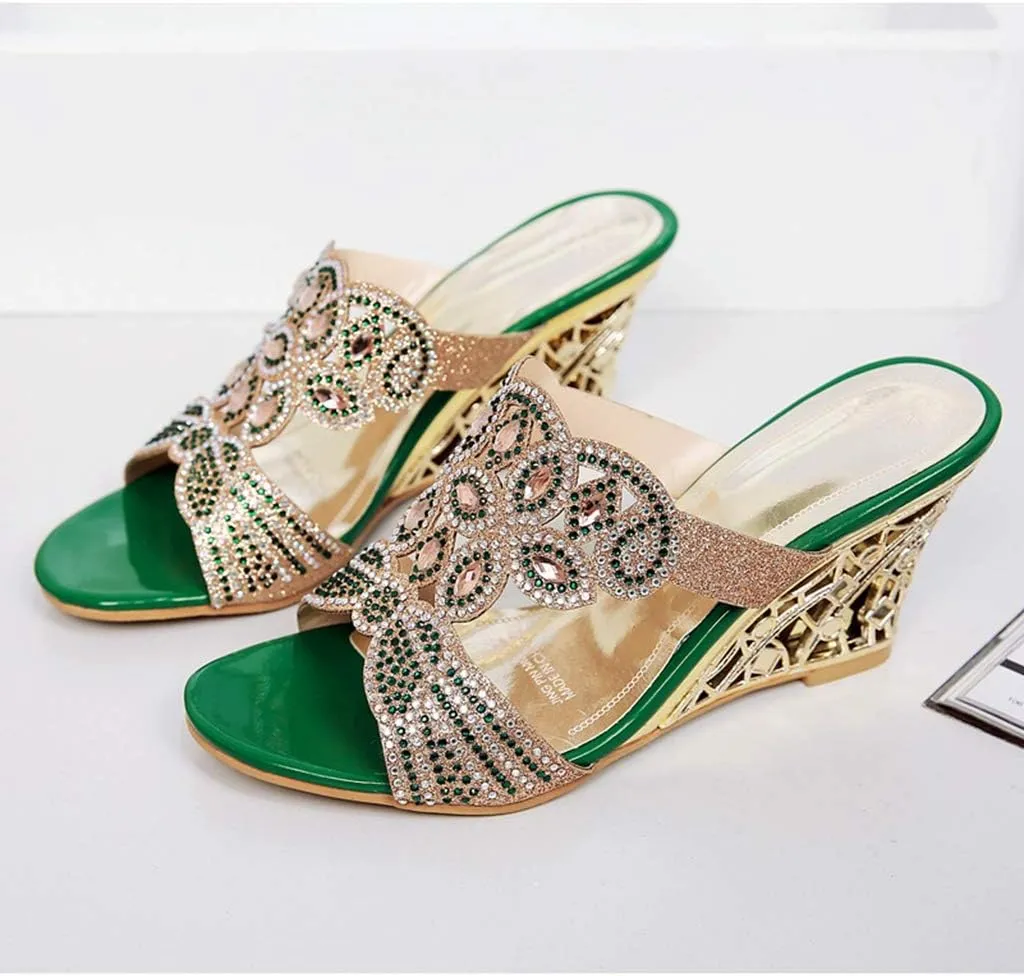 MIOKE Womens Sparkly Rhinestone Wedge Sandals Open Toe Slip On Comfy High Heel Wedding Party Dress Sandal