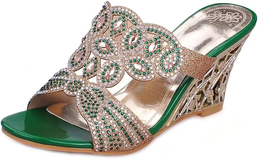 MIOKE Womens Sparkly Rhinestone Wedge Sandals Open Toe Slip On Comfy High Heel Wedding Party Dress Sandal