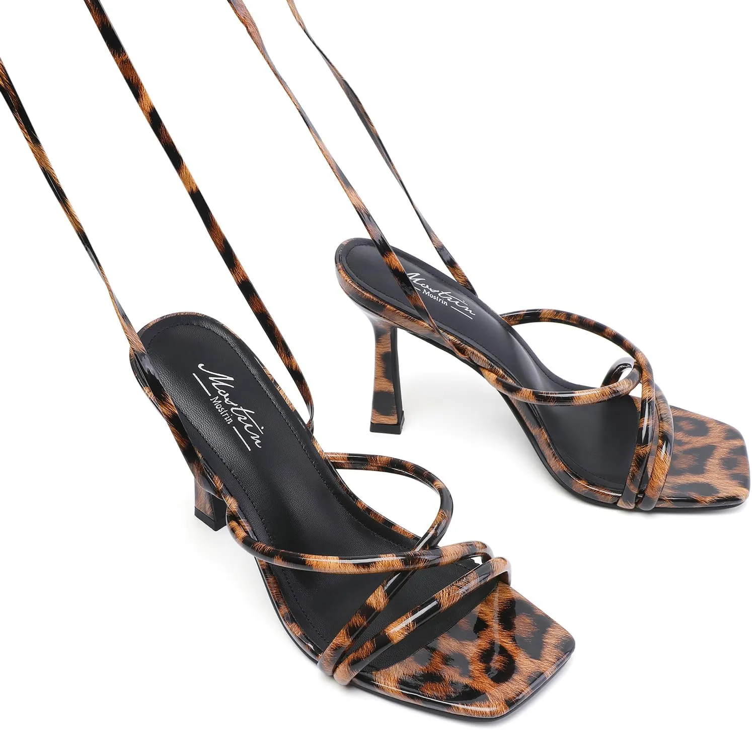 Mostrin Womens Sandals Strappy Heels for Women Lace Up Square Open Toe Heels Tie Up High Heeled Sandals for Prom, Party, Daily Wear