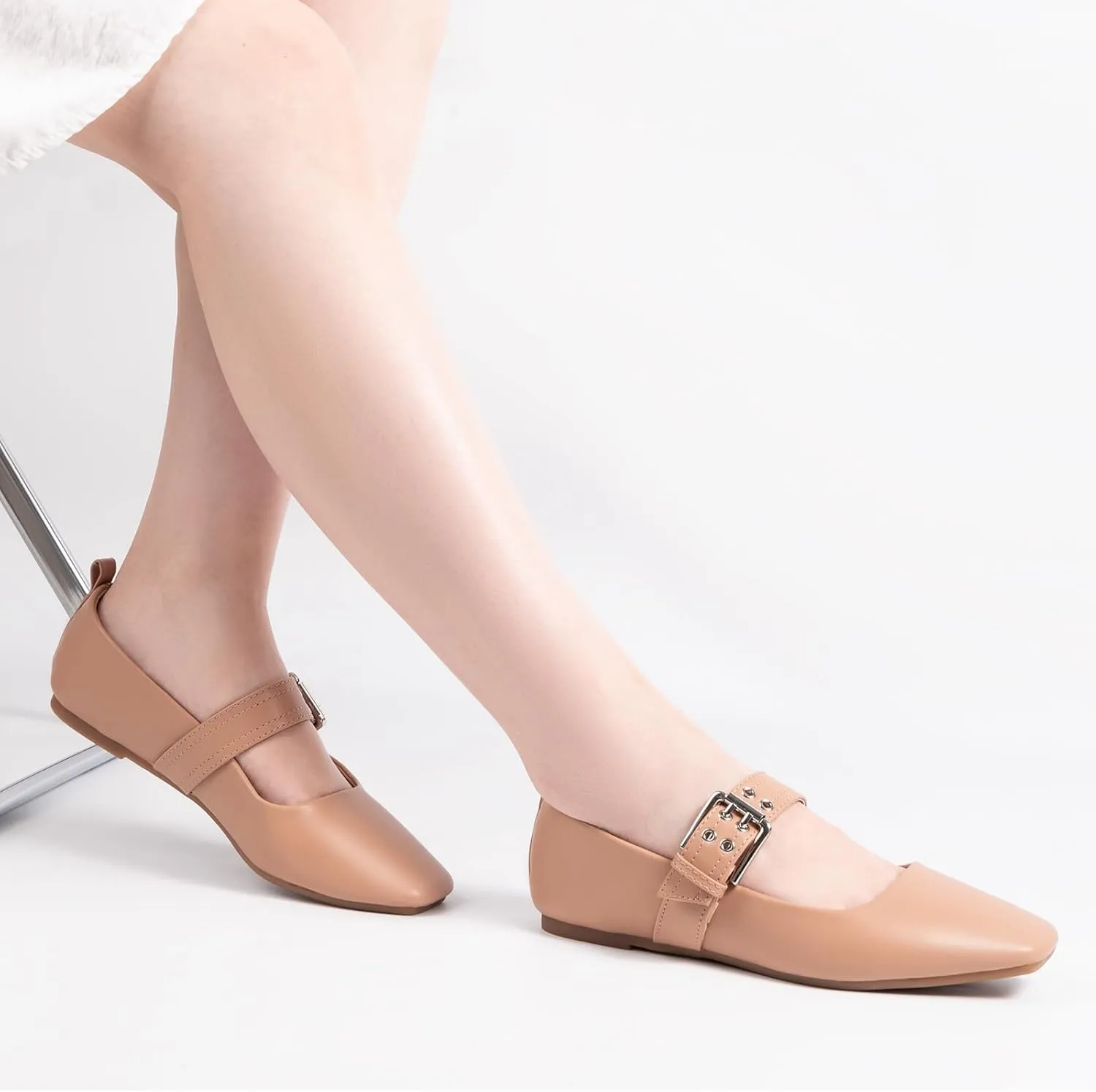MUSSHOE Womens Ballet Mary Jane Flats Shoes Adjustable Strap Comfortable Square Closed Toe Versatile Chic Footwear with Latex Insole
