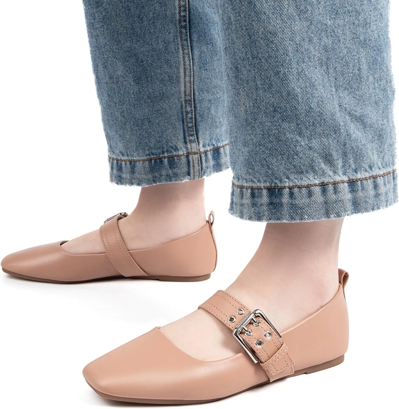 MUSSHOE Womens Ballet Mary Jane Flats Shoes Adjustable Strap Comfortable Square Closed Toe Versatile Chic Footwear with Latex Insole
