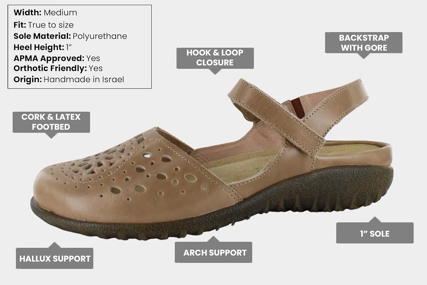 NAOT Footwear Women's Arataki Closed Toe Slingback with Cork Footbed and Arch Comfort and Support – Slip Resistant - Lightweight and Perfect for Travel- Removable Footbed