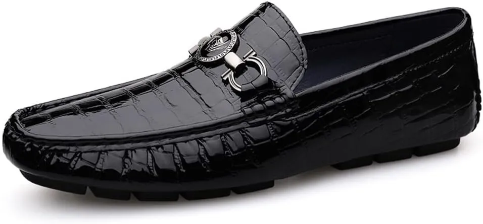 New Loafers for Men Round Toe Faux Crocodile Embossed Leather Flexible Comfortable Flat Heel Outdoor Slip On