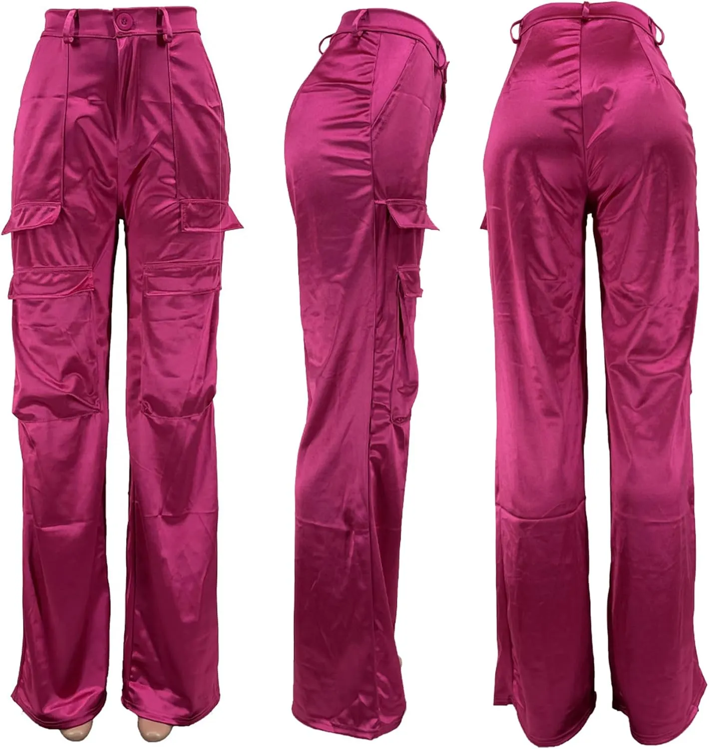 NRTHYE Women High Waisted Satin Cargo Pants Wide Leg Casual Pants Multi Pockets Straight Trousers
