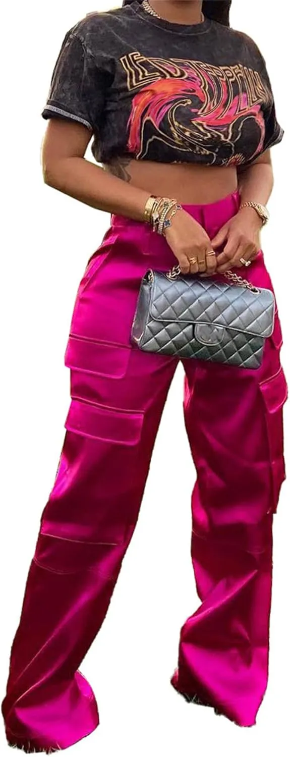 NRTHYE Women High Waisted Satin Cargo Pants Wide Leg Casual Pants Multi Pockets Straight Trousers