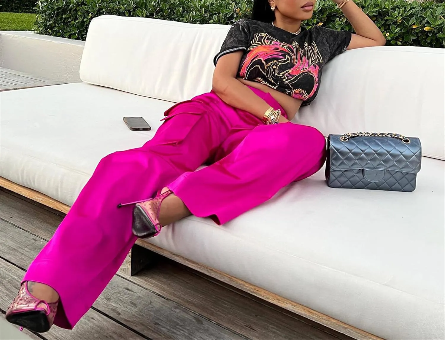 NRTHYE Women High Waisted Satin Cargo Pants Wide Leg Casual Pants Multi Pockets Straight Trousers
