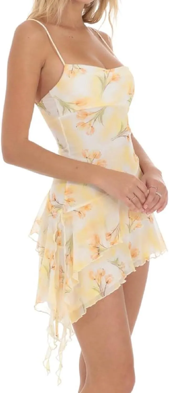 NUFIWI Women Sleeveless Ruffle Hem Mini Dress Low Cut Spaghetti Strap Short Dresses Slim Fit Summer Vocation Sundress
