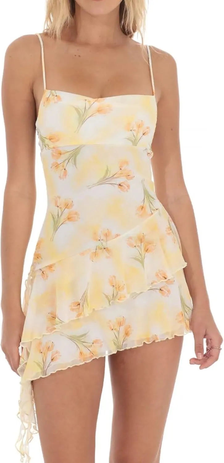 NUFIWI Women Sleeveless Ruffle Hem Mini Dress Low Cut Spaghetti Strap Short Dresses Slim Fit Summer Vocation Sundress