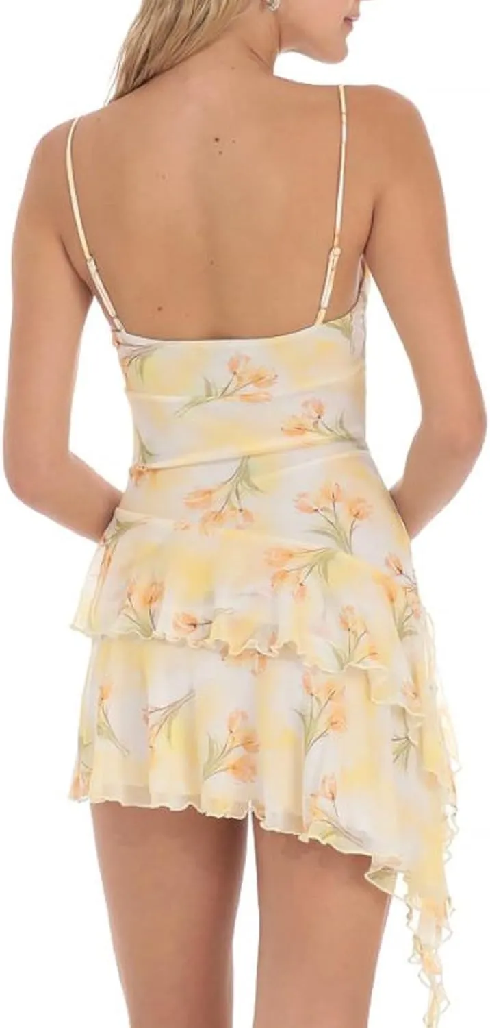 NUFIWI Women Sleeveless Ruffle Hem Mini Dress Low Cut Spaghetti Strap Short Dresses Slim Fit Summer Vocation Sundress