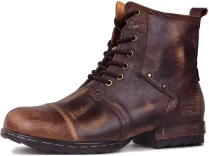 OSSTONE Vintage Brown Moto Boots for Men Fashion lace-up Leather Retro Chukka Boots Casual Shoes OS-6015-6-Vintage-US-R