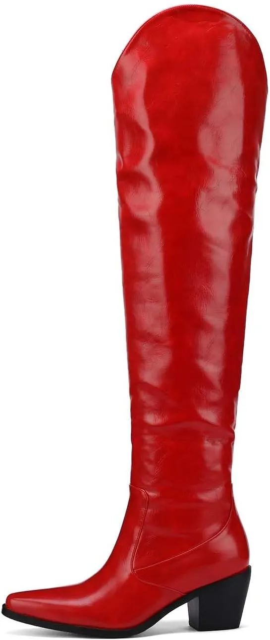 Over The Knee Boots for Women - Western Style Pointed Toe Block Heel for Fall & Winter Looks Fashion Patent Red Tight High Boots with Heel