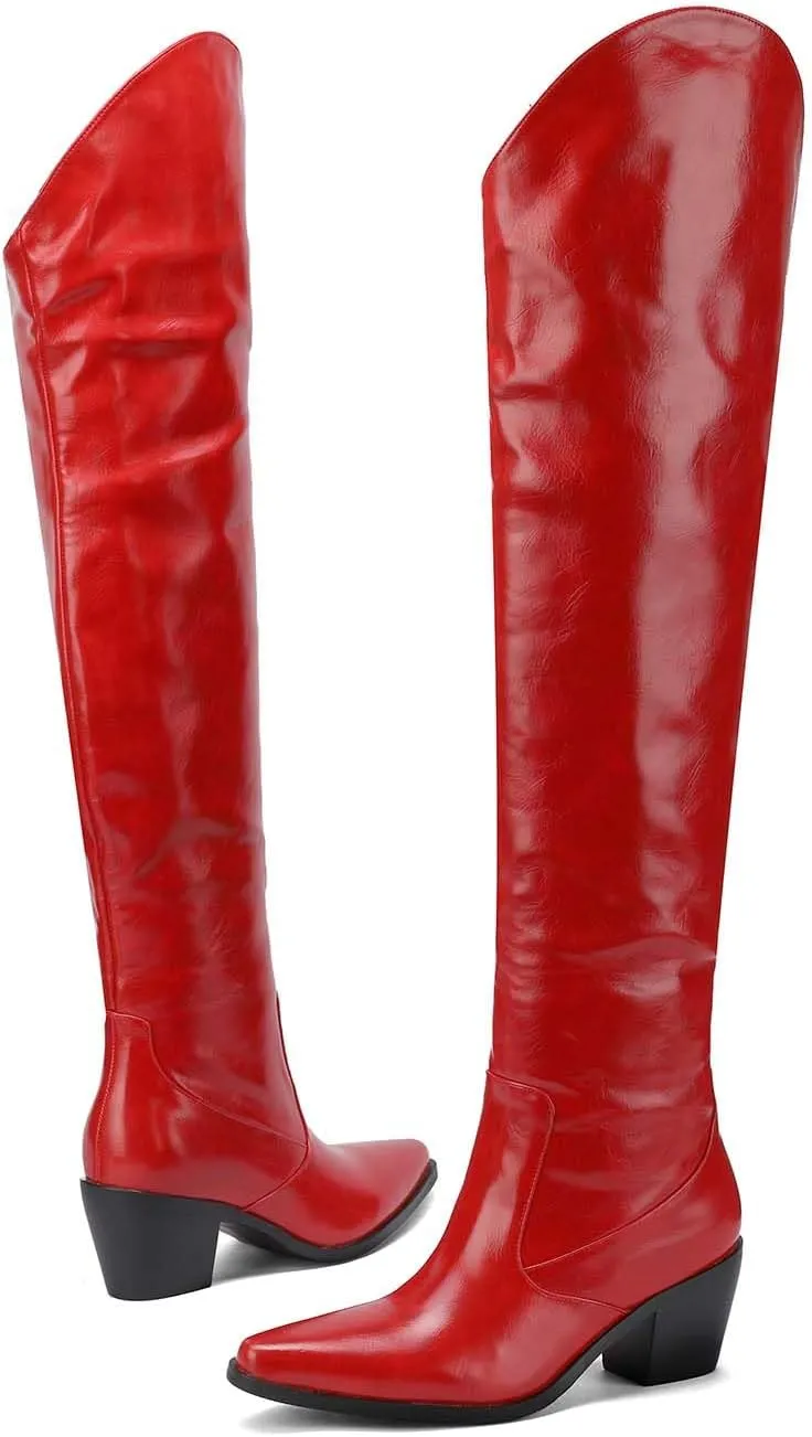 Over The Knee Boots for Women - Western Style Pointed Toe Block Heel for Fall & Winter Looks Fashion Patent Red Tight High Boots with Heel