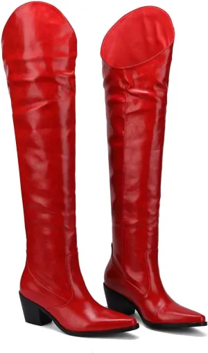 Over The Knee Boots for Women - Western Style Pointed Toe Block Heel for Fall & Winter Looks Fashion Patent Red Tight High Boots with Heel