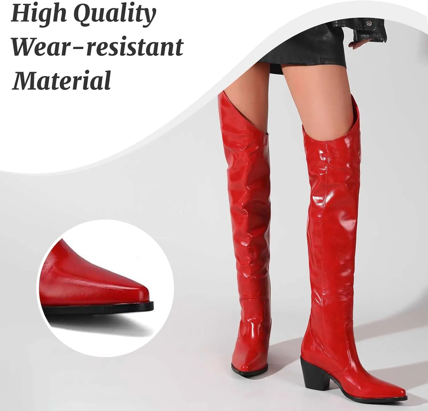 Over The Knee Boots for Women - Western Style Pointed Toe Block Heel for Fall & Winter Looks Fashion Patent Red Tight High Boots with Heel