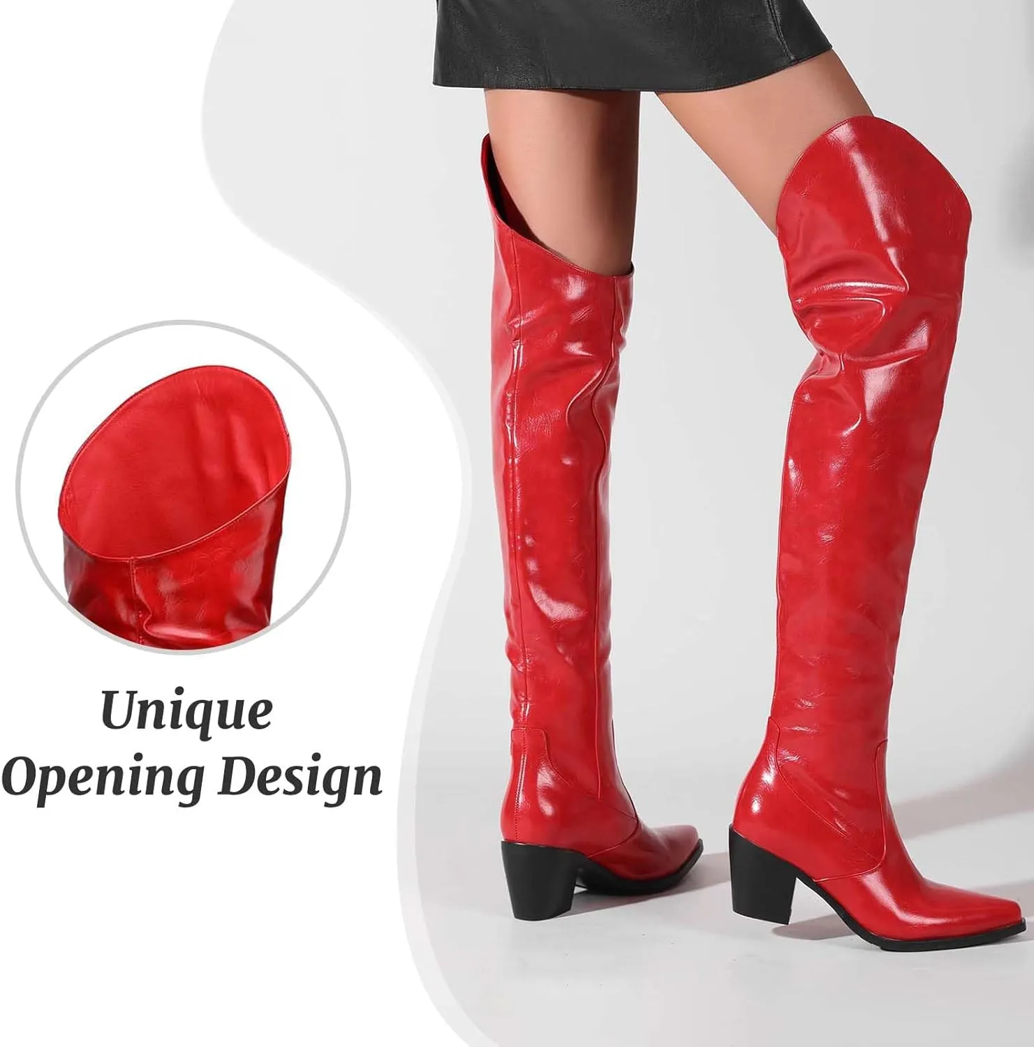 Over The Knee Boots for Women - Western Style Pointed Toe Block Heel for Fall & Winter Looks Fashion Patent Red Tight High Boots with Heel