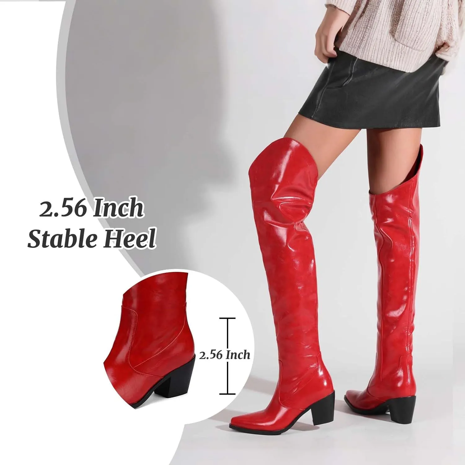Over The Knee Boots for Women - Western Style Pointed Toe Block Heel for Fall & Winter Looks Fashion Patent Red Tight High Boots with Heel