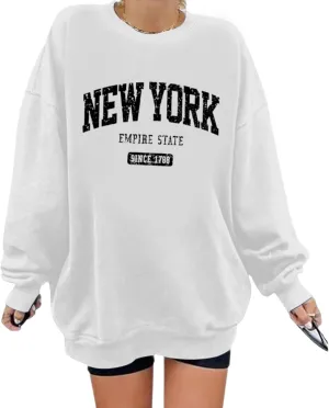 Oversized New York Sweatshirt for Women Aesthetic Preppy Hoodies Vintage Letter Print Graphic Crewneck Pullover Tops
