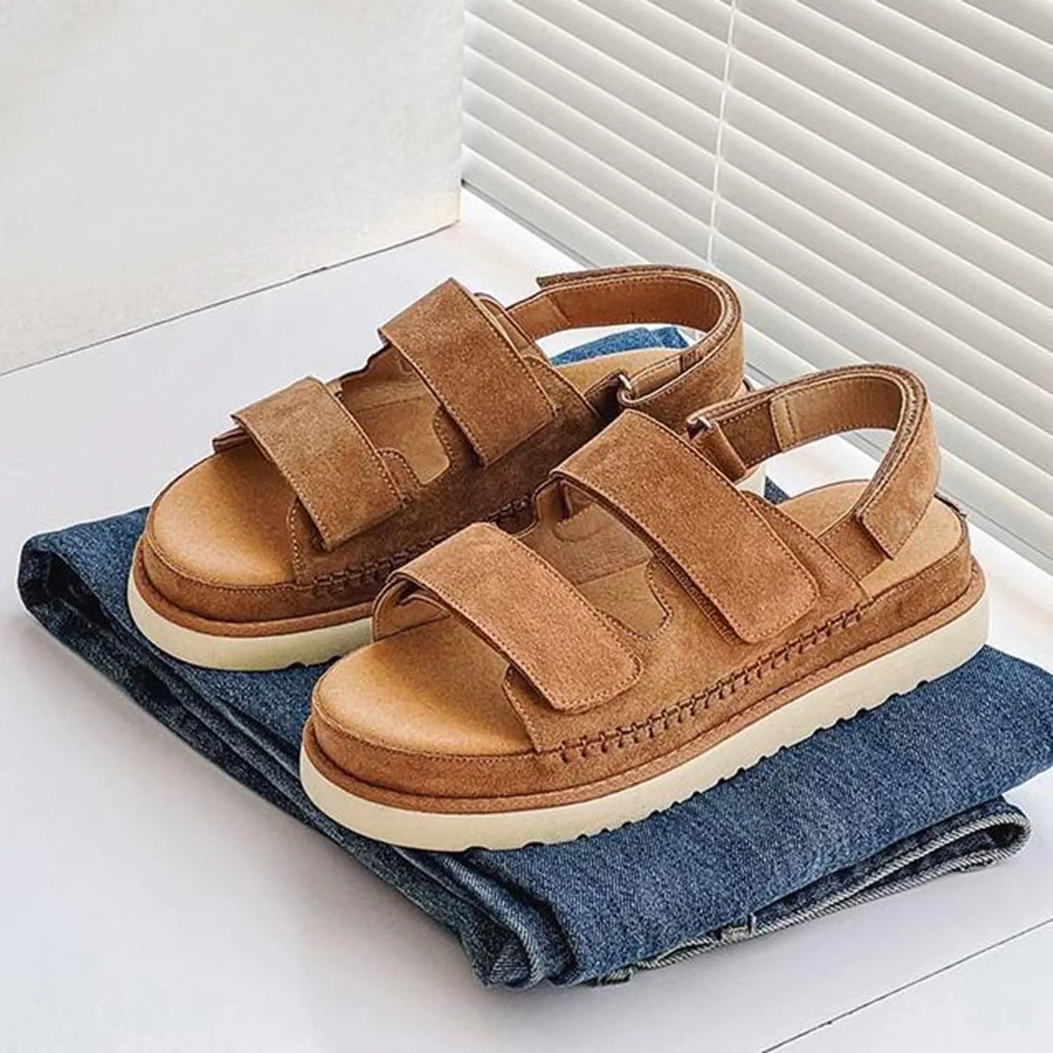 Platform Suede Sandals for Women Comfortable Slides Adjustable Strap Non Slip Lightweight Women’s Flat Sandals Casual Slip On Slippers for Summer